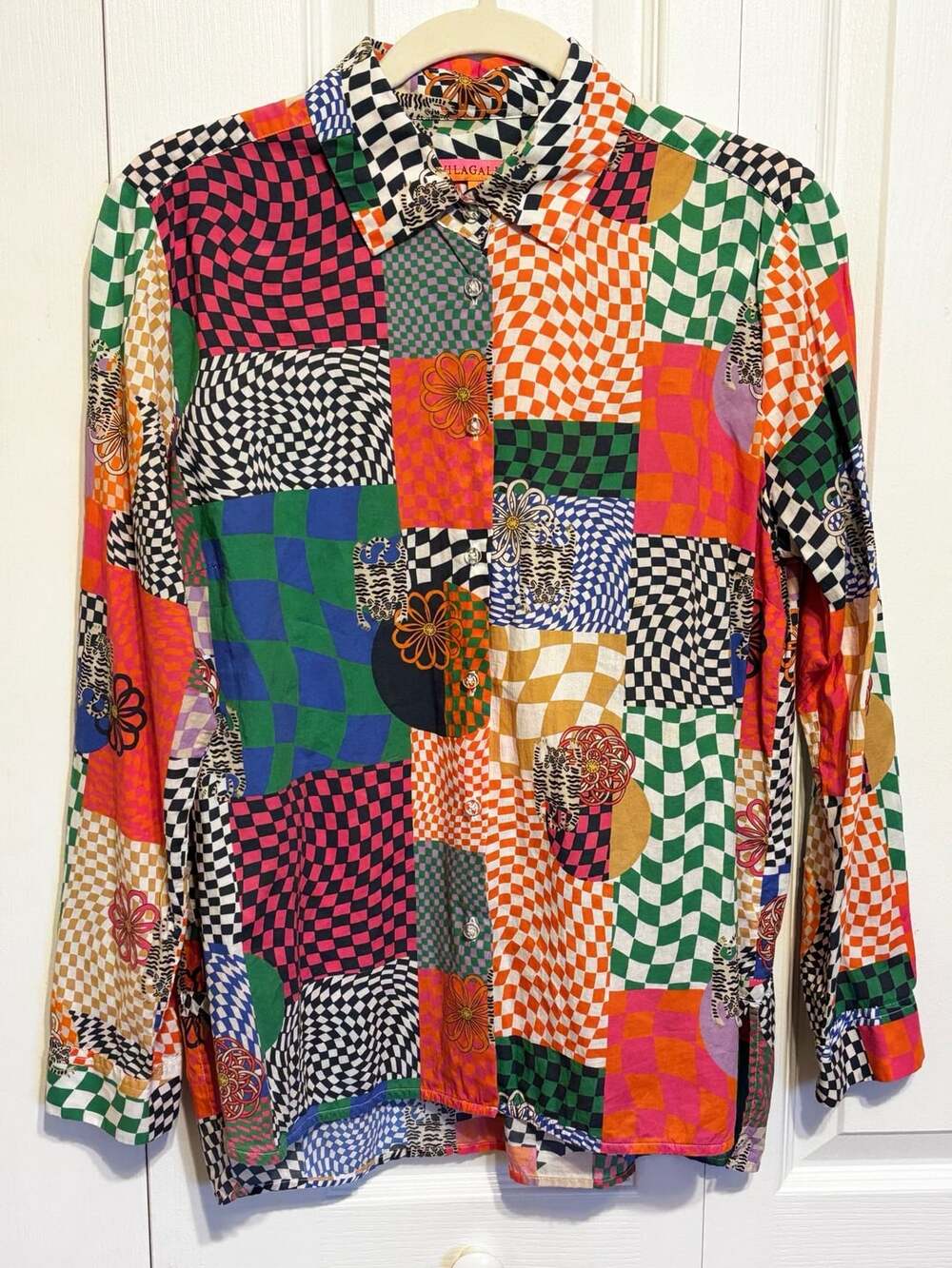 Vilagallo Button Down Shirt Size 42 Multi Color Checkerboard Tiger